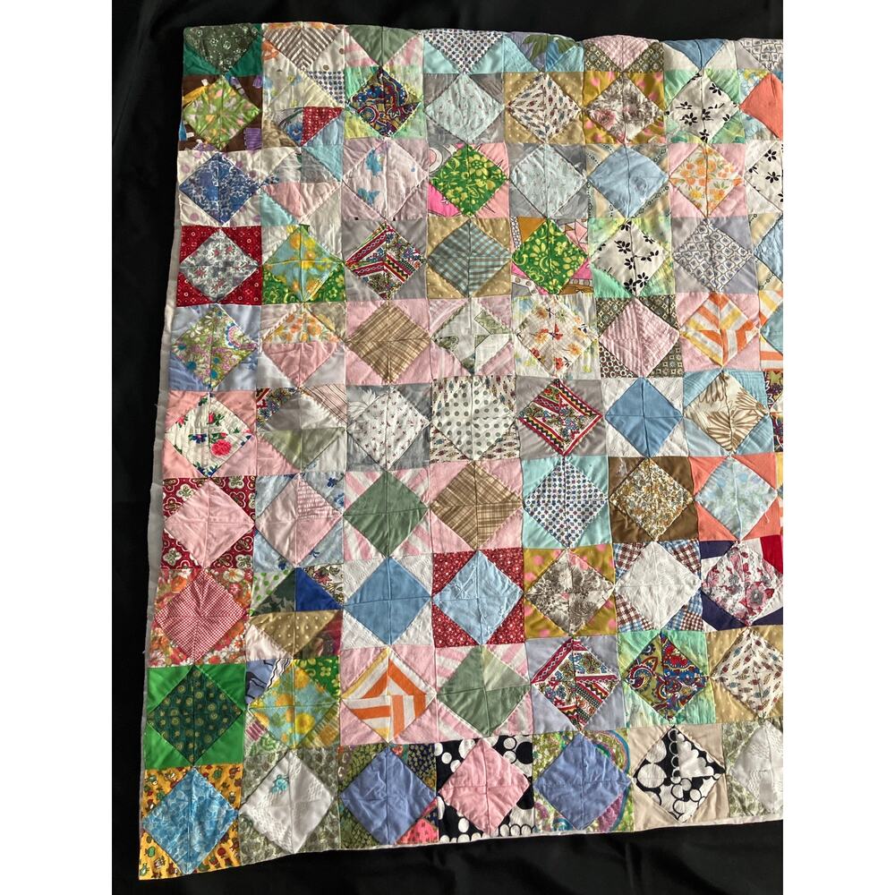 Vintage Hand Sewn Patchwork Quilt 91"x76" 60s 70s Retro Cottage